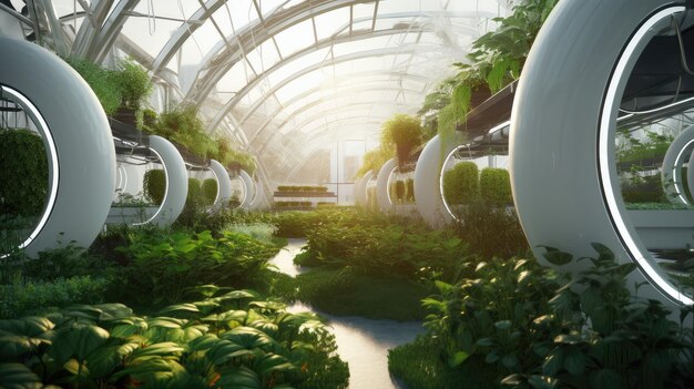 Photo futuristic greenhouse with lush vegetation