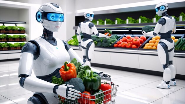 Photo futuristic grocery shopping with humanoid robots smart robot assistant in mart