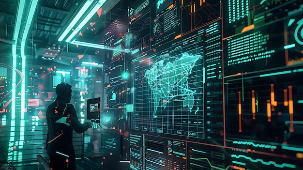 Futuristic Hacker Analyzing Data on Multiple Screens