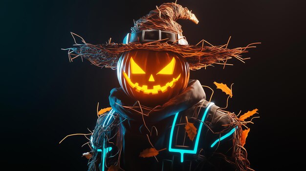 Photo futuristic halloween pumpkin wearing a witch hat with glowing eyes and a futuristic suit surrounded by glowing neon lights and autumn leaves