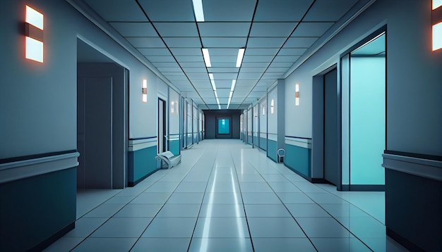 Futuristic hallway with glowing lights and reflectionsgenerative ai