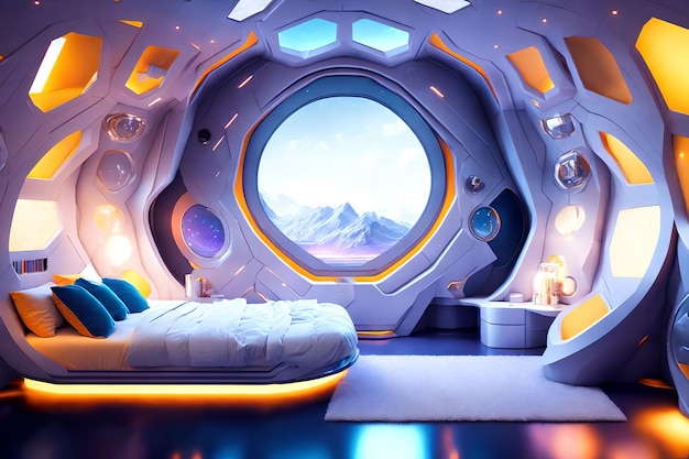 Futuristic hard surface interior design of spaceship bedroom generative art by AI