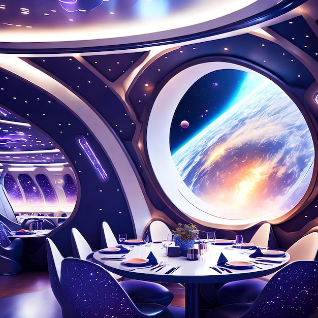 Futuristic hard surface interior design of spaceship dining room generative art by AI