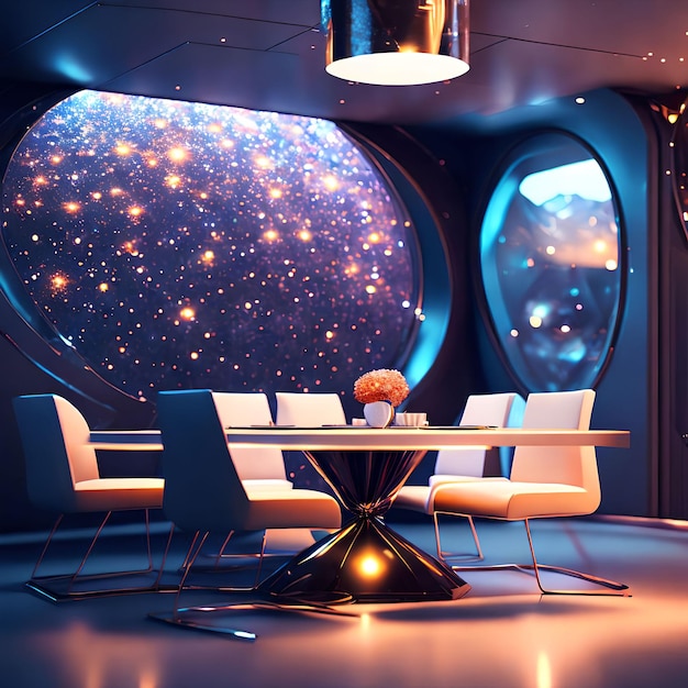 Futuristic hard surface interior design of spaceship dining room generative art by AI