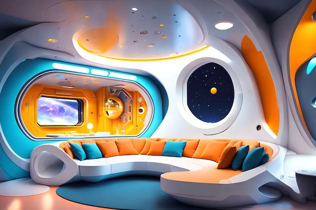 Futuristic hard surface interior design of spaceship living room generative art by AI