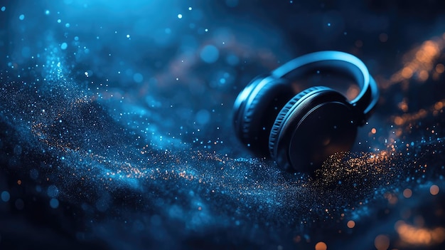 Photo futuristic headphones on glittery abstract background with blue and orange lights