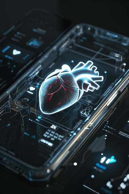 Photo futuristic health monitoring device with smartphone integration showing detailed heart health metrics