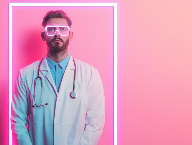 Photo futuristic healthcare doctor with neon glasses in pink light modern medical technology concept