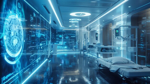 Futuristic Healthcare Facility with Hospital Room and Medical Equipment