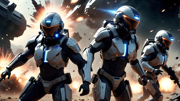 Futuristic Helmet Clad Heroes Engaged In Combat Dramatic Slow Motion Action