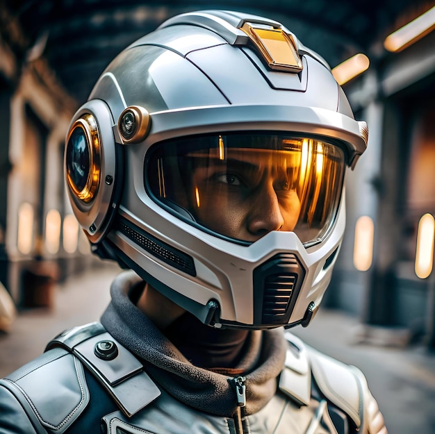 Futuristic helmet design in silver and gold with detailed design