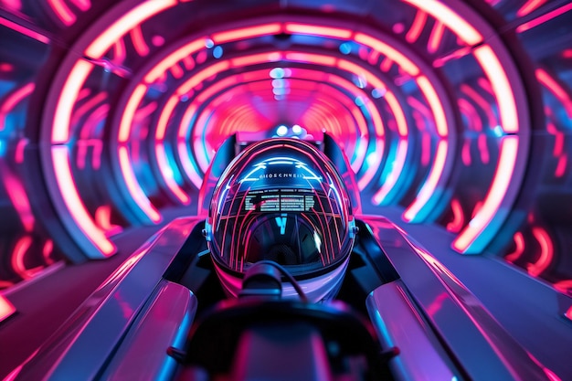 Photo futuristic helmet in neon tunnel