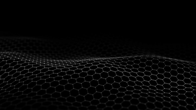 Photo futuristic hexagon wave dark cyberspace abstract wave with dots and line white moving particles on background 3d rendering