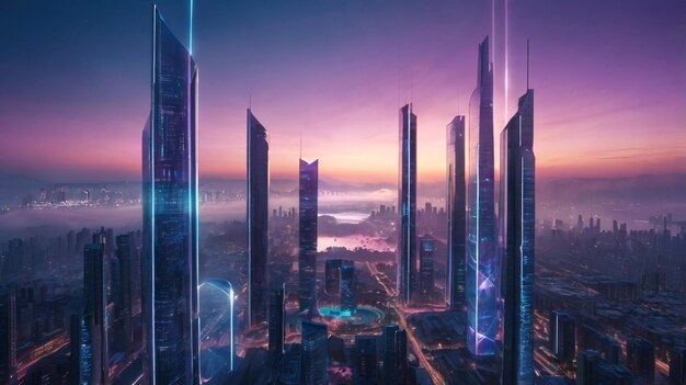 Photo futuristic high tech utopian cityscape in a virtual reality universe sleek skyscrapers neon lights