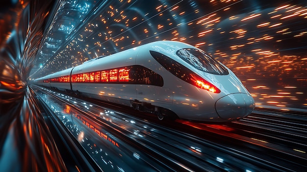 Photo a futuristic highspeed train streaks through a neonlit tunnel leaving a trail of light and motion blur