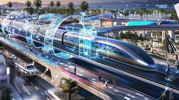 Photo futuristic highspeed train traveling through a modern city