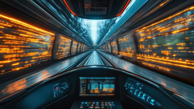 Photo futuristic highspeed trains powered by ai traffic control systems a sleek autonomous train speeding through a technologically advanced landscape