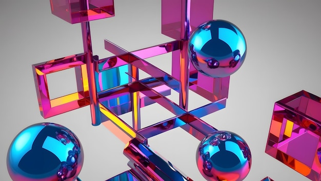 Futuristic Holographic 3D Abstract with Interlocking Cubes and Spheres