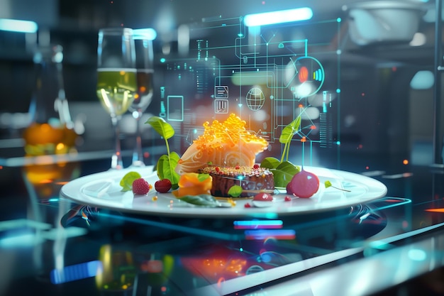 Photo futuristic holographic luxury food plate with gourmet presentation fresh ingredients and scene