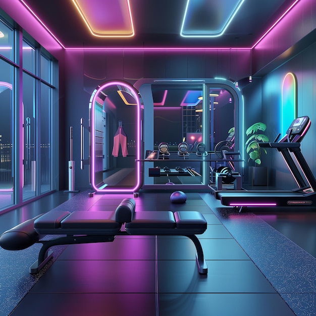 A futuristic home gym with holo abstract 3D shapes incorporated into fitness equipment