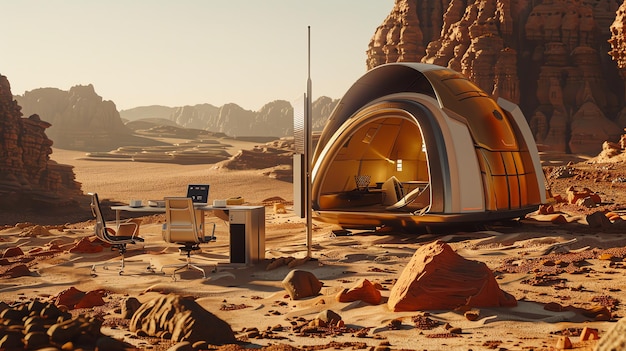 Photo a futuristic home and office setup sits on a martian landscape with red rocks and a dusty surface