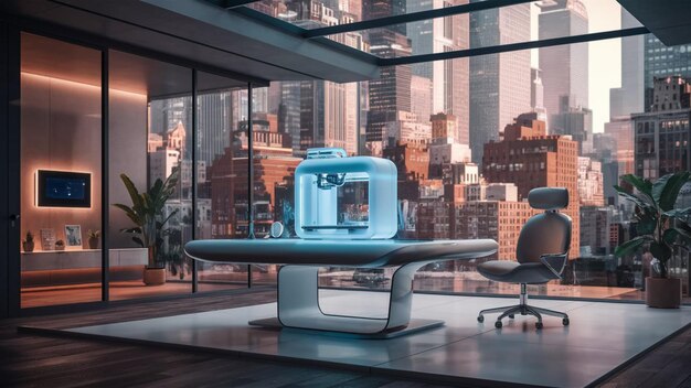 Futuristic home office with a 3D printer