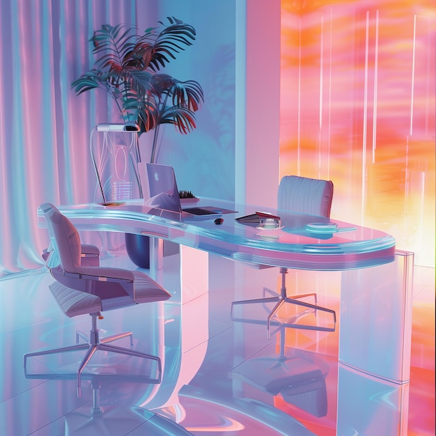 A futuristic home office with holo abstract 3D shapes as desk decor advanced