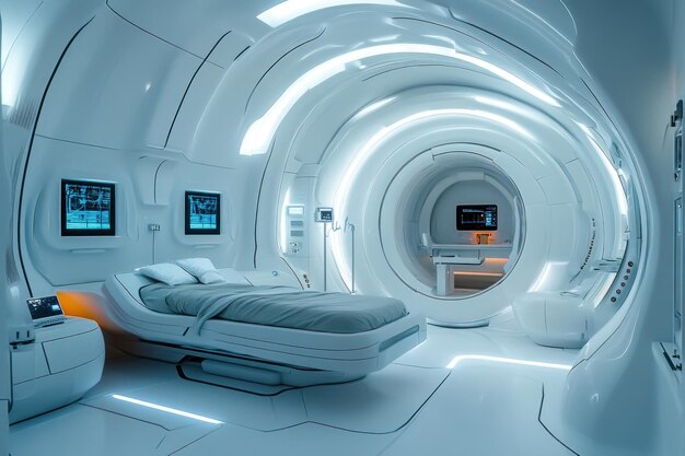 Futuristic Hospital Room with a Bed and Medical Equipment