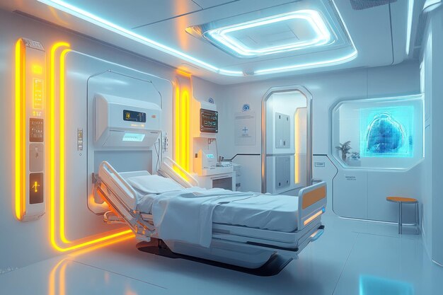 Photo futuristic hospital room with bed technology and neon lights