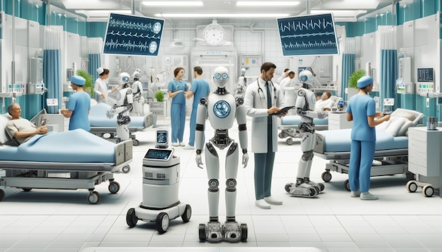 Futuristic Hospital Room with Robots and Doctors