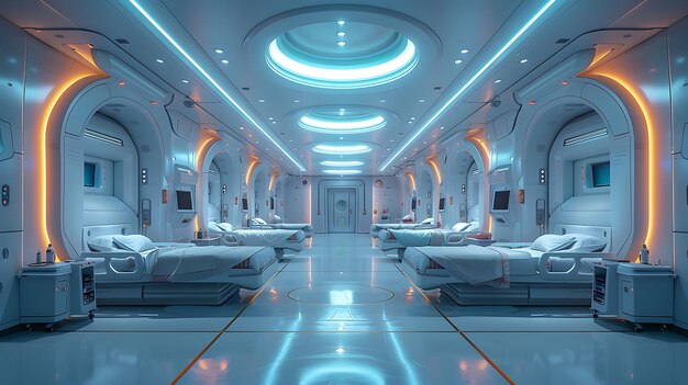 Futuristic hospital with robotic surgeons and advanced medical technology treating patients in a clean sterile environment