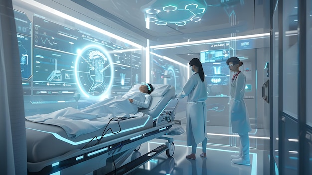 futuristic hospital with smart AI medical doctor diagnosing patient who is lying in hospital bed VR innovation and futuristic science