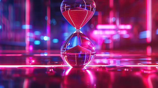 Photo futuristic hourglass with vibrant neon lights symbolizing the passage of time in a digital technologydriven environment