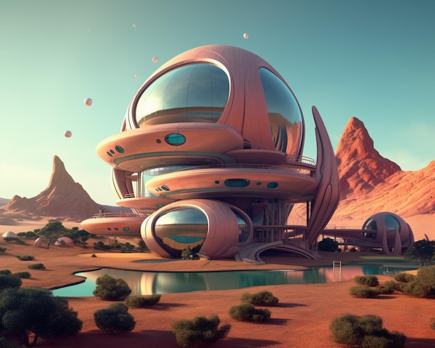 Futuristic house in desert with water and mountains in background generative ai