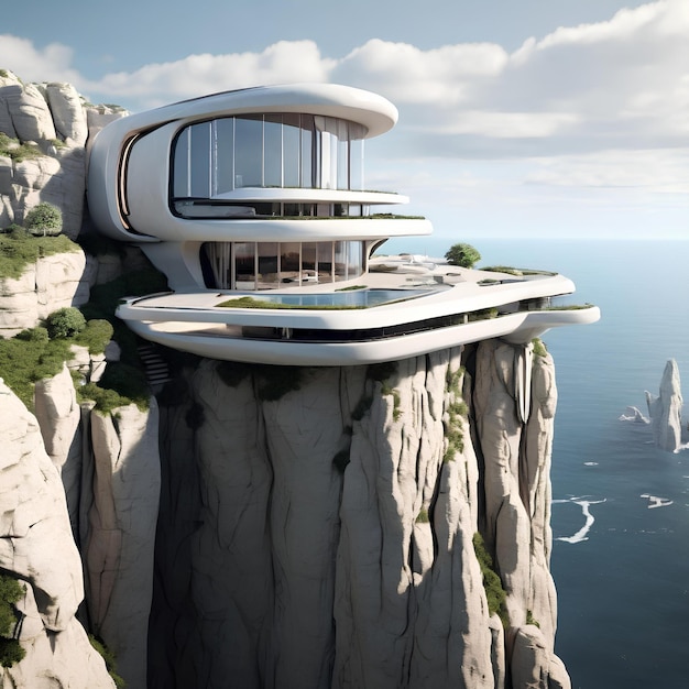 futuristic house precariously balanced on a limestone cliff