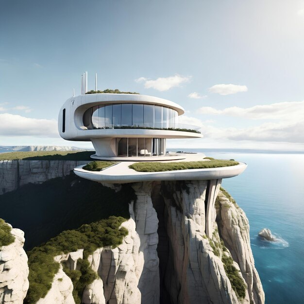 futuristic house precariously balanced on a limestone cliff