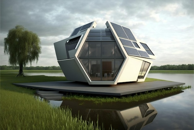 A futuristic house with solar panels on the roof