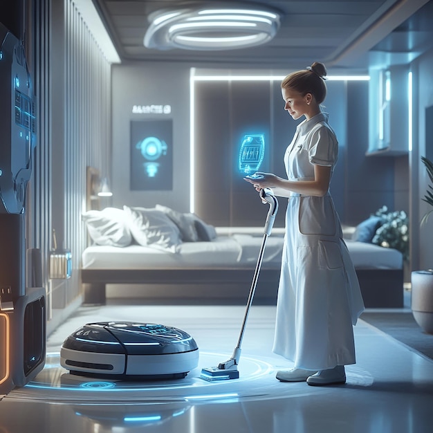 Photo futuristic housekeeper with robotassisted cleaning