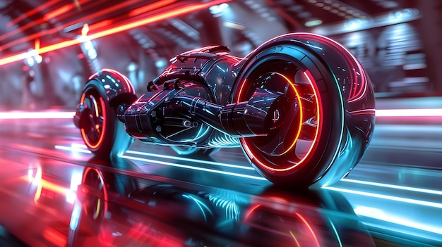 Futuristic Hoverbike Wheels in Levitation Neon Lights Illuminate HighSpeed Movement