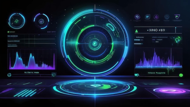 Futuristic HUD interface background with holographic graphics and data visualization screens