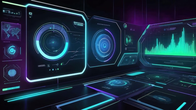 Futuristic HUD interface background with holographic graphics and data visualization screens