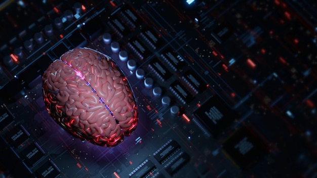 Futuristic human brain on computer semiconductor chips mainboard