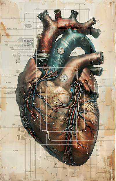 Futuristic Human Heart Anatomical Plate with AI Microprocessor