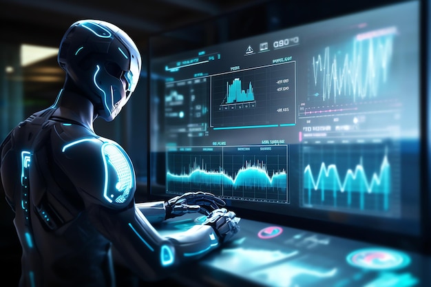 futuristic human robot computer screen data analytic