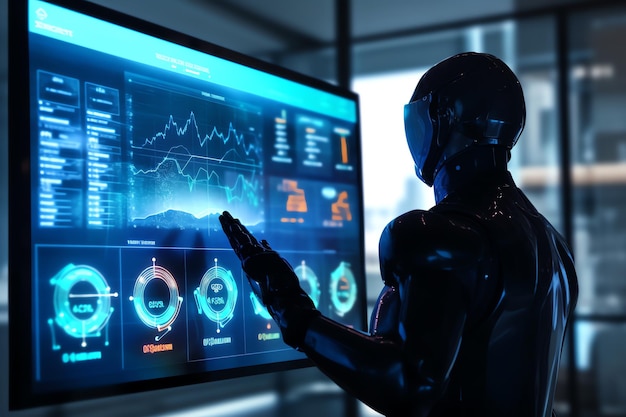 futuristic human robot computer screen data analytic