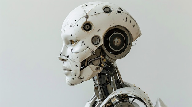 Futuristic humanoid robot head closeup