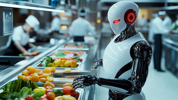 Photo futuristic humanoid robot selecting food in a high tech buffet setting with neon lighting