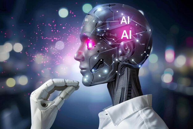 Futuristic humanoid robot touching AI brain exploring the boundaries between machine learning and