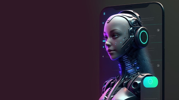 Futuristic humanoid woman robot in screen of smartphone Concept of chatbot with artificial intelligence