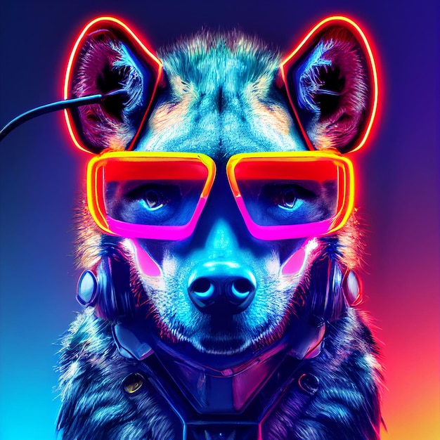 futuristic hyena portrait with neon lights 3d rendering illustration cyberpunk style